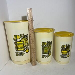 Vintage 70s Plastic Kitchen Canister Set 3 Piece Yellow Green Retro Nesting